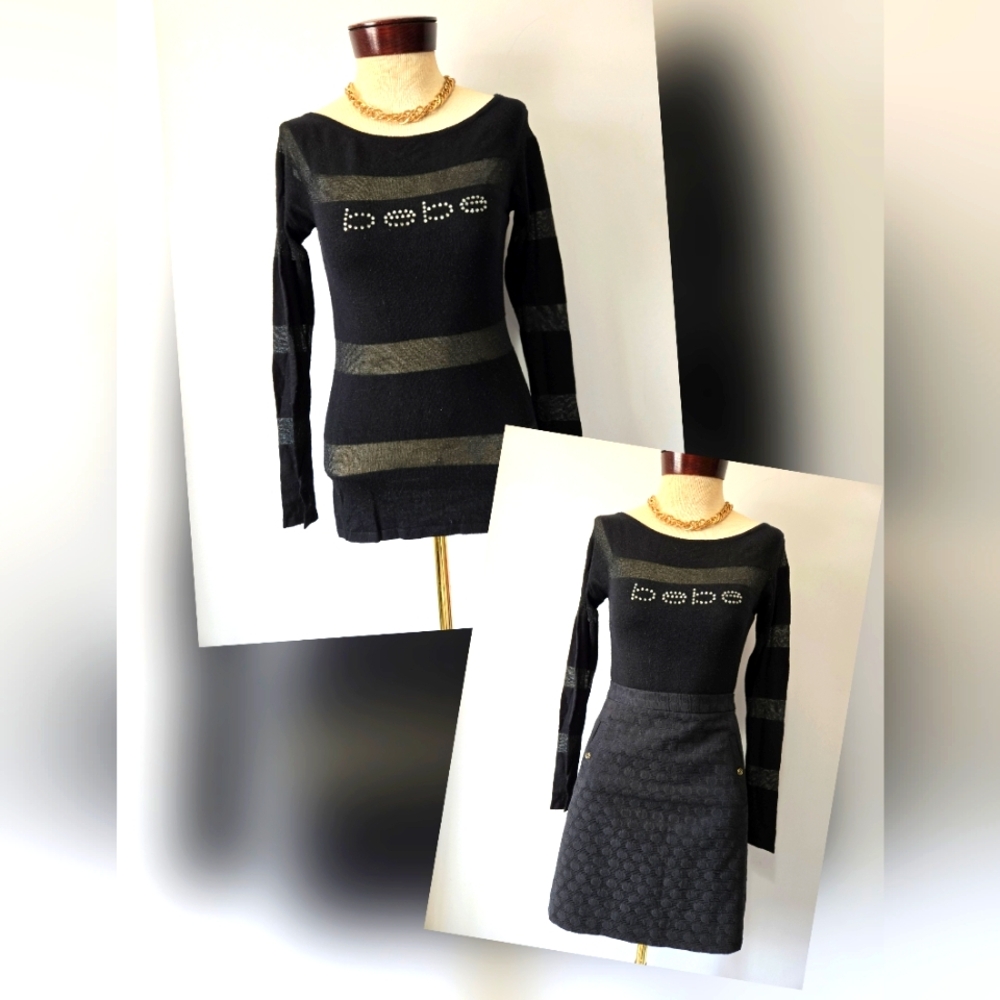 BEBE Black Semi Sheer/Sheer Striped Top with Bateau Neckline. Silver Beaded Bebe